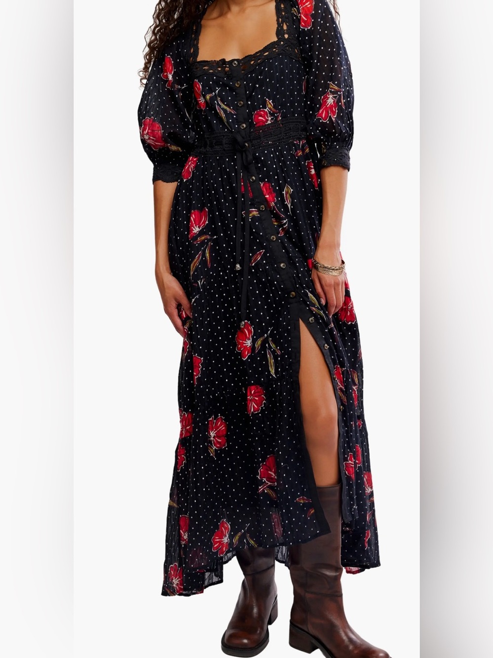 Free people Morning Meadows Floral Lace Trim Maxi Dress xsmall